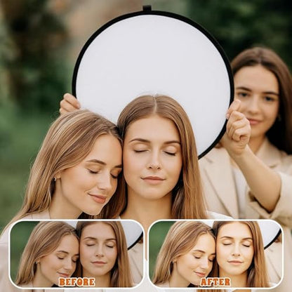 2 in 1 Photo Collapsible Photography Reflector 24'' Portable Camera Panel for Studio Outdoor Lighting Indoor Shooting, Video Portraint Photography Diffuser, White and Silver Reflector for Selfies