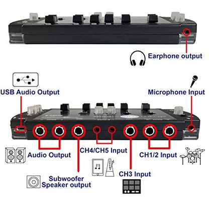 Maker hart Drum Mixer Compact 6 Ch Multitrack Audio IN/3.5mm Stereo/6.3mm Mono L/R/Mic IN/USB Audio out/Build in MIC