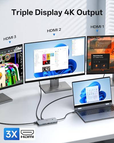 USB C Docking Station 3 HDMI, Selore 13-in-1 Docking Station 3 Monitors with Triple HDMI, 10Gbps USB A/C 3.1, 100W PD Charging, Gigabit Ethernet, SD/microSD Reader for Windows Laptops Dell/HP/Lenovo - size: 13-in-1