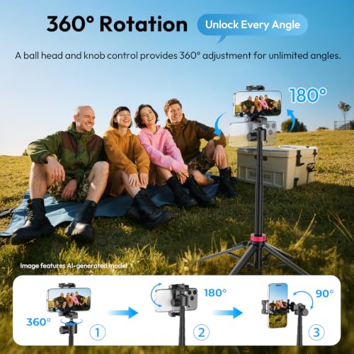 ULANZI 0.01s Auto Pop Open Phone Tripod with Remote, MT44B 59'' Selfie Stick Tripod w Dual Mount for Phone & Camera for Vlog/Live, Cell Phone Stand 360° Ball Head for iPhone Android Luna Pocket 4 - color: Black