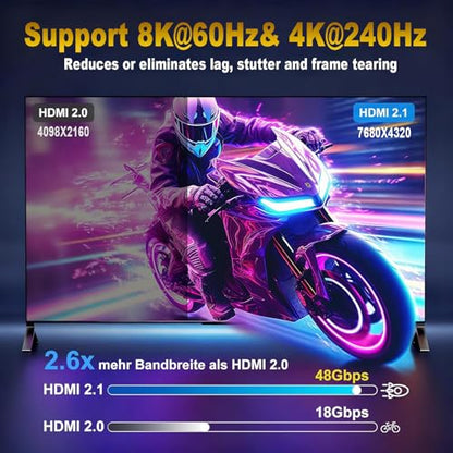 8K HDMI 2.1 Cable 6.6Ft, Gold-Plated Ultra High Speed Military Grade Nylon Braided HDMI Cord (8K@60Hz 7680x4320, 4K@120Hz) Supports Dynamic HDR 10, eARC, 3D, Dolby Atmos, Compatible with Roku TV, PS5 - size: 6.6Feet