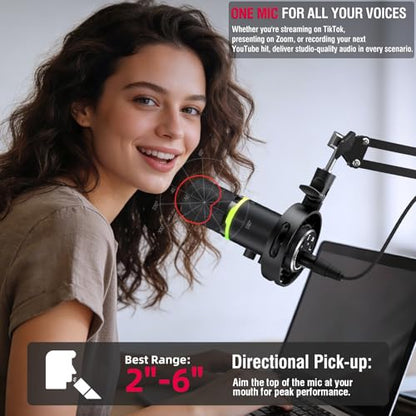 Gaming Microphone Set, USB & XLR Dynamic PC Mic for Streaming & Podcast, Computer RGB Mic Kit with Boom Arm, Mute Button & Headphone Jack, Cardioid Polar Pattern for Vocals, Voice-Over - color: Black