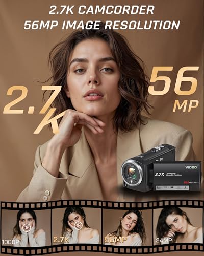 Video Camera Camcorder, QHD 2.7K 56MP 16X Digital Vlogging Camera with LED Fill Light for YouTube, 2.8'' 270° Rotation Screen Camcorder Camera with 32GB Card and Two Batteries