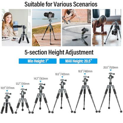 SIRUI Compact Mini Desktop Tripod, 20" Aluminum Portable Small Tabletop Tripod Stand with 360° Ball Head for DSLR, Camera, Phone, Loaded up to 17.64lbs, Phone Holder Included, AM-TT50 - style: AM-TT50