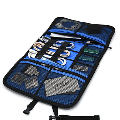 Patu Roll Up Electronics Accessories Travel Gear Organizer Case, Portable Universal External Batteries Hard Drives Cables Cosmetics Kit Bag, Navy - color: Navy