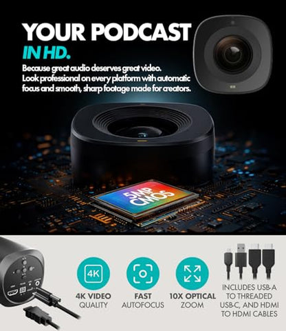 Movo Video Podcast Equipment Bundle – USB Audio Interface, 2 XLR Dynamic Microphones, 2 4K Cameras, 2 Boom Arms – Complete Podcast Setup