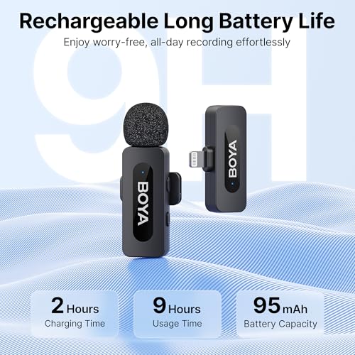 BOYA BY-V1 Wireless Microphones for iPhone iPad with MFi Certified Lightning Port, 328ft Range, 9H Battery Life, Noise Reduction Mini Mic Clip on Lapel Microphone Wireless for Video Recroding - size: 1TX+Lightning RX