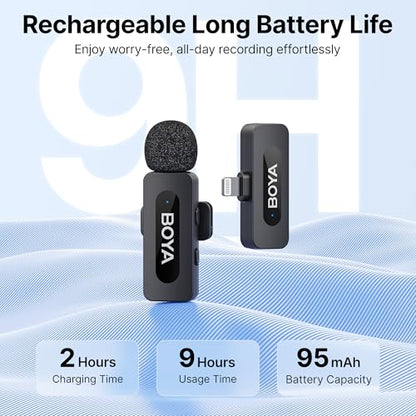 BOYA BY-V1 Wireless Microphones for iPhone iPad with MFi Certified Lightning Port, 328ft Range, 9H Battery Life, Noise Reduction Mini Mic Clip on Lapel Microphone Wireless for Video Recroding - size: 1TX+Lightning RX