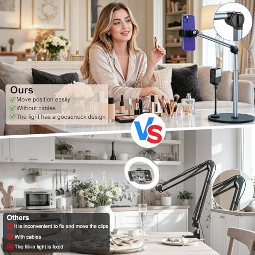Overhead Phone Mount with Rechargeable & Gooseneck Light for Cooking Videos, Adjustable Desk Stand for Content Creators, Tripod for Hands-Free Video Recording, Compatible with Smart Phones