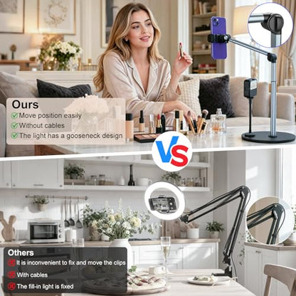 Overhead Phone Mount with Rechargeable & Gooseneck Light for Cooking Videos, Adjustable Desk Stand for Content Creators, Tripod for Hands-Free Video Recording, Compatible with Smart Phones