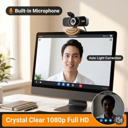 1080P Webcam for PC & Laptop with Microphone — Stay Connected | Plug and Play No Driver, Crystal Clear Video Auto Lighting, Privacy Physically Protected, Mount It Anywhere in Seconds - color: Black
