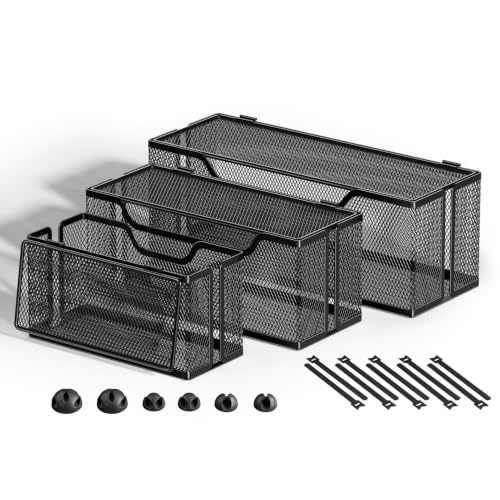 Marbrasse 3 Pack Cable Management Box, Metal Mesh Cord Organizer Box for TV Wires, Electrical Hiding, Power Strip – Under Desk Cable Storage Box with Cable Clips&Reusable Cable Ties for Home/Office - color: Black