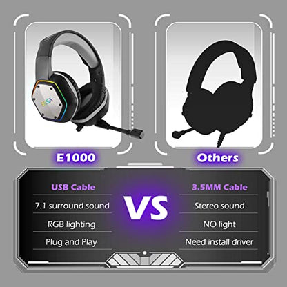 EKSA E1000 USB Gaming Headset for PC, Computer Headphones with Microphone/Mic Noise Cancelling, 7.1 Surround Sound, RGB Light - Wired Headphones for PS4, PS5 Console, Laptop, Call Center - color: Grey