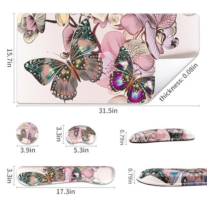 QIYI Leather Desk Mat Set, 4-in-1 Large Mouse Pad with Ergonomic Wrist Rest, Waterproof Desk Pad + Keyboard Wrist Rest + Mouse Wrist Support + Coaster, Non-Slip Office Gaming Accessories, Butterflies - color: Floral Butterflies