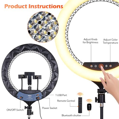 GWO 18 inch LED Ring Light with Tripod Stand 6000K Dimmable Makeup Selfie Light with Touch Panel Phone Holders for YouTube Vlog Video Shooting Include Carrying Bag and Remote Control CRI>90