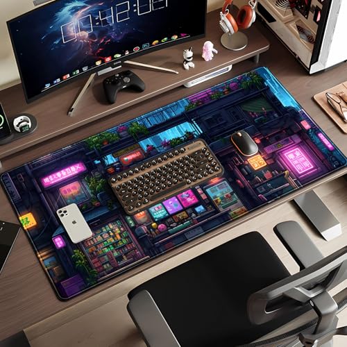 Cyberpunk Desk Mat 31.5''X15.7'' Neon Lights Desk Pad Large Gaming Mouse Pad Modern City Ramen Shop Extended Mousepad XXL Japanese Keyboard Mouse Mat for Computer Laptop Gamers - color: Cyberpunk Purple Blue Black