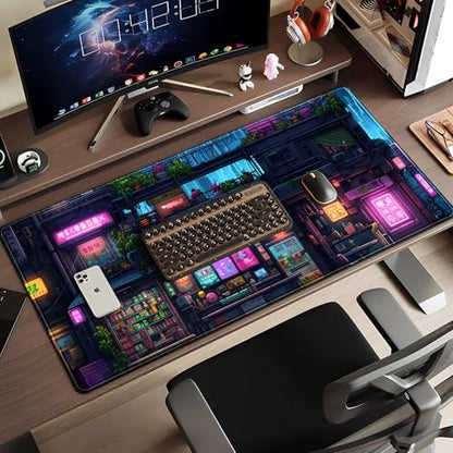 Cyberpunk Desk Mat 31.5''X15.7'' Neon Lights Desk Pad Large Gaming Mouse Pad Modern City Ramen Shop Extended Mousepad XXL Japanese Keyboard Mouse Mat for Computer Laptop Gamers - color: Cyberpunk Purple Blue Black