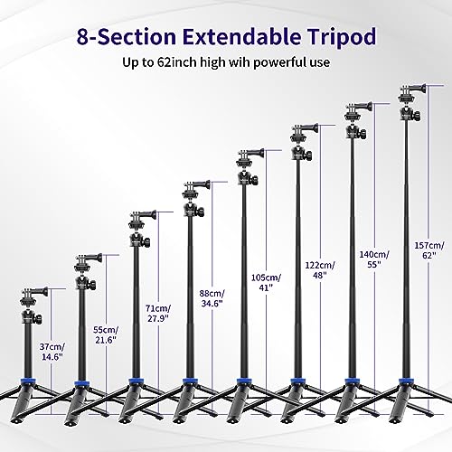 Kaitezenz Selfie Stick Tripod for Gopro Camera, 62" Extendable Tripod Stand with 360° Ball Head 1/4" Screw, Portable Lightweight Camera Tripod for Max Hero 13 12 11 10 DJI OSMO Pocket3 Action Camera