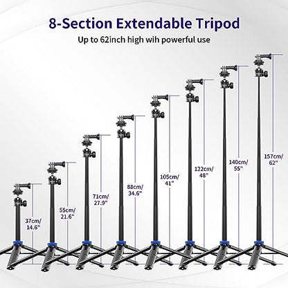 Kaitezenz Selfie Stick Tripod for Gopro Camera, 62" Extendable Tripod Stand with 360° Ball Head 1/4" Screw, Portable Lightweight Camera Tripod for Max Hero 13 12 11 10 DJI OSMO Pocket3 Action Camera