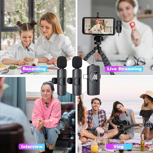 Aarkani Wireless Lavalier Microphone 3-in-1 for iPhone, Android, DSLR Camera – Dual Mic Set with Receiver (Lightning, USB-C, 3.5mm), Plug & Play for Video Recording, YouTube, Vlog, Interview