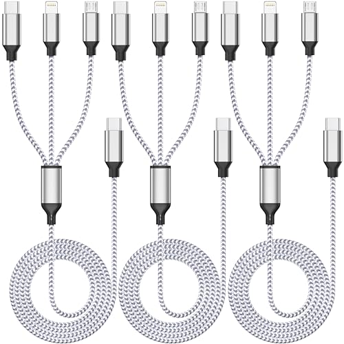Multi Charging Cable 4ft 3Pack 3 in 1 Charger Cord, Multiple Usb C Port Rapid Nylon Braided Cable USB Charging Cable Multi Phone Charger Cord with Type C Micro Lightning USB Connectors for Cell Phones - color: White/Silver-4ft
