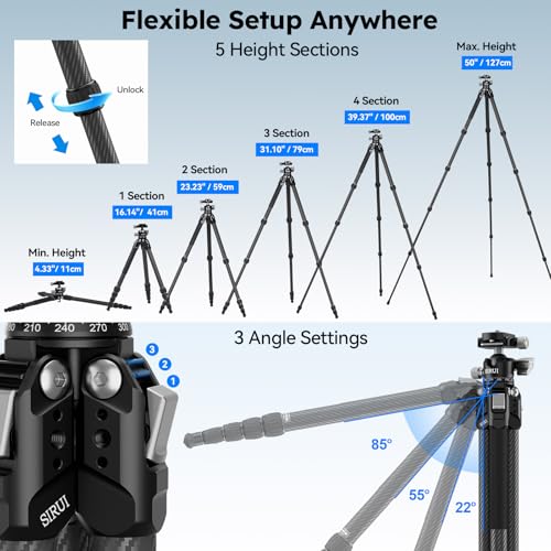 SIRUI Carbon Fiber Travel Tripod, 50" Compact Lightweight Backpack Tripod with Low Profile Ball Head with Quick Release Plate for Arca, 6 Mounting Points for Camera and Phone, AM-225S+G0 - size: AM-225S+G0