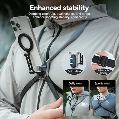 TELESIN Magnetic Phone Neck Mount, Neck Phone Holder POV/Vlog Selfie Mount | Hand Free Phone Neck Holder Chest Stand Strap Video Recording for iPhone Series Android Phones (Gray (Max Size))