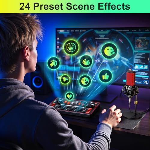 Podcast Microphone Bundle with Live Sound Board Audio Mixer, Podcast Equipment Bundle with 3.5mm Condenser Microphone for Pc/Phone Live Streaming Singing Gaming, Soundboard with Voice Changer, Denoise