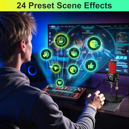 Podcast Microphone Bundle with Live Sound Board Audio Mixer, Podcast Equipment Bundle with 3.5mm Condenser Microphone for Pc/Phone Live Streaming Singing Gaming, Soundboard with Voice Changer, Denoise