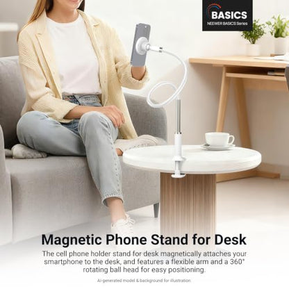 NEEWER Basics Magnetic Phone Stand for Desk, 360° Overhead Table Cellphone Holder Clamp Mount with Flexible Arm, Compatible with MagSafe iPhone Android Samsung for Bed Video Recording, PA151 White - style: PA151 White
