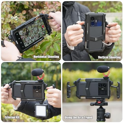Fotga Aluminum Universal Smartphone Cage Photo Video Stabilizer with Handles Rig for iPhone 17 16 15 14 Pro Max Samsung Cell Phone Vlog Live Stream Video Recording,with Cold Shoe Tripod Mount