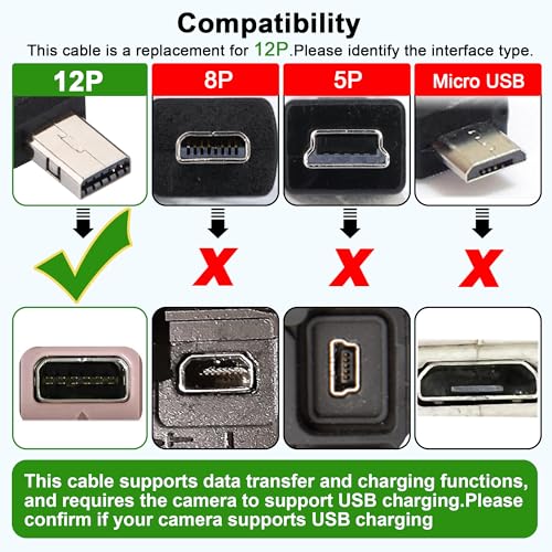 USB Cable Compatible with Casio Exilim Camera Charger, Compatible with Casio Exilim EX-Z77, Z75, Z29, Z80, Z90, H10, Z1080, ZR20, TR150, TR200, ZR1000, FC200S, FC300S, FC400S - style: For Casio-12 PIN