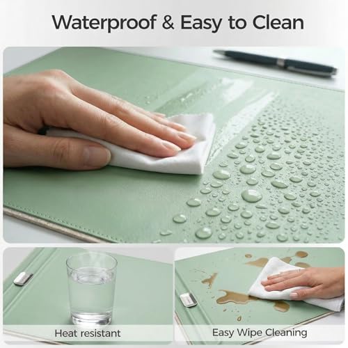 Premium Double-Sided Faux Leather Desk Pad – Non-Slip, Waterproof, with Magnetic Cable Organizer & File Storage – Designed for Offices & Creative Spaces – Durable & Easy to Clean（Green） - color: Green