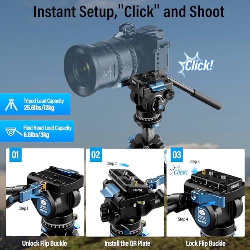 SIRUI AM-124 Carbon Fiber Tripod with AM-5VX Fluid Head, 65.6“ Compact Video Camera Tripod for Travel, Triangular Center Column, Side Loading QR Plate, Waterproof Twist Lock, Loads 6.6lbs - size: 65.6 inches