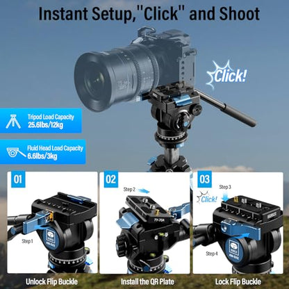SIRUI AM-124 Carbon Fiber Tripod with AM-5VX Fluid Head, 65.6“ Compact Video Camera Tripod for Travel, Triangular Center Column, Side Loading QR Plate, Waterproof Twist Lock, Loads 6.6lbs - size: 65.6 inches