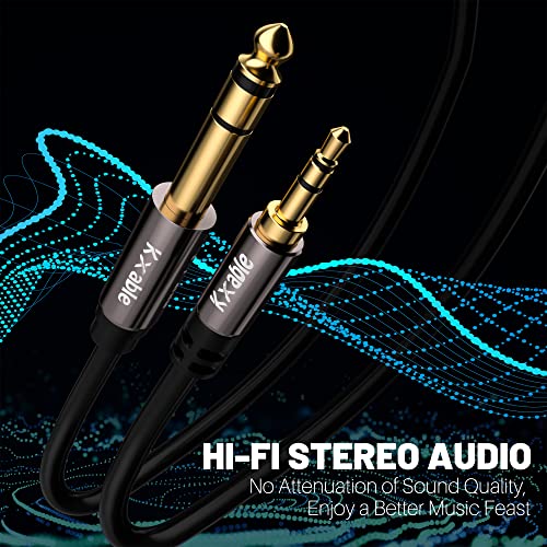 Kxable 3.5mm to 6.35mm Stereo Audio Cable 8 Feet (2 Pack), 1/4 to 1/8 inch Headphone Cable Jack, Hi-Fi Sound, Gold Plated Connectors, OFC Core, Black Cable (with 5 pcs Cable Ties) - size: 8 Feet (2 Pack)