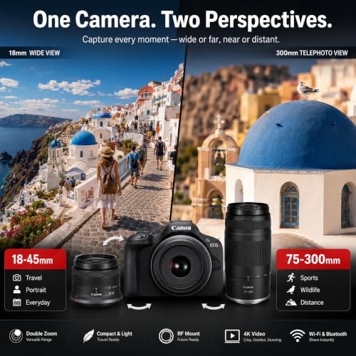 Canon EOS R100 Mirrorless Camera Double Zoom 2 Lens Kit RF-S 18-45mm and RF 75-300mm 6052C111 Bundle with Double Battery, Memory Card, Deluxe Case and Mini Tripod & Accessories - color: Charcoal