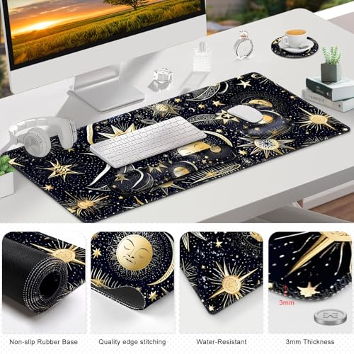 Gaming Mouse Pad, Large Desk Mat, Cute Desk Pad Protector, 4in1 XXL Mousepad + Keyboard Wrist Rest+Mouse Wrist Rest+Coaster Set with Ergonomic Desk Pad for Home Office PC Computer, Stars and Moon - color: Stars and Moon
