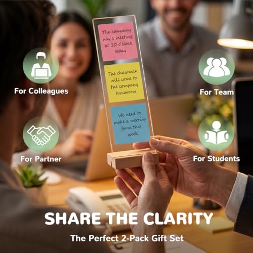 2-Pack Monitor Memo Board & Sticky Note Holder, Freestanding Acrylic Computer Desk Accessories with Wood Base, Zero Adhesive Screen Note Board for Office Organization Decor
