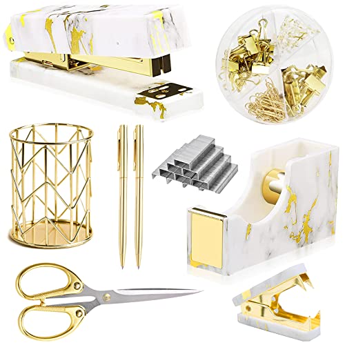 Gold Marble Desk Accessories, Office Supplies Set Stapler Set Staple Remover, Tape Holder, Pen Holder, 2 Ballpoint Pen, Scissor, Binder Clips, Paper Clips and 1000pcs Staples. - color: Marble Gold