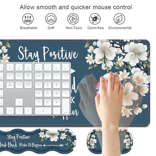 4 in 1 Ergonomic Keyboard Wrist Rest & Mouse Pad Wrist Rest Set,Stay Positive Work Hard and Make It Happen Inspirational Quote Large XXL Gaming Desk Mat with Non-Slip Base for Home Office Study Gaming - color: Stay Positive Work Hard and Make It Happen