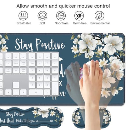 4 in 1 Ergonomic Keyboard Wrist Rest & Mouse Pad Wrist Rest Set,Stay Positive Work Hard and Make It Happen Inspirational Quote Large XXL Gaming Desk Mat with Non-Slip Base for Home Office Study Gaming - color: Stay Positive Work Hard and Make It Happen