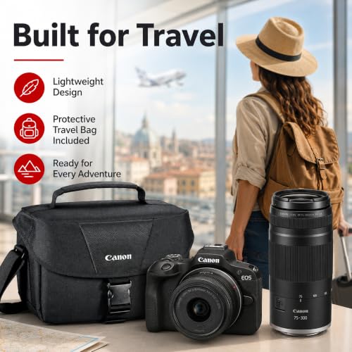 Canon EOS R100 Mirrorless Camera Double Zoom 2 Lens Kit RF-S 18-45mm and RF 75-300mm 6052C111 Bundle with Double Battery, Memory Card, Deluxe Case and Mini Tripod & Accessories - color: Charcoal