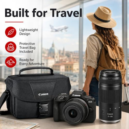 Canon EOS R100 Mirrorless Camera Double Zoom 2 Lens Kit RF-S 18-45mm and RF 75-300mm 6052C111 Bundle with Double Battery, Memory Card, Deluxe Case and Mini Tripod & Accessories - color: Charcoal