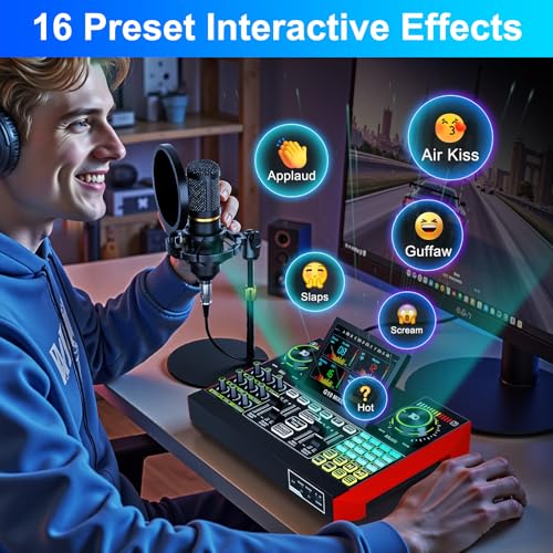 Podcast Microphone Bundle with Live Sound Card Audio Mixer, Podcast Equipment Bundle with 3.5mm BM800 Microphone for Pc/Youtube Live Streaming Singing Gaming, Sound Board with Voice Changer, Denoise