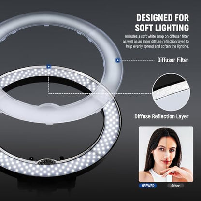 NEEWER Ring Light 18inch Kit: 55W 5600K Professional LED with Stand and Phone Holder, Soft Tube & Bag for Tattoo Lash Extension Barber Makeup Artist Studio Video Photography Lighting, RL-18