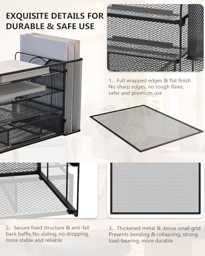 WALI Bundles Monitor Stand Riser with Drawer and 2 Pen Holders and Desk File Organizer, 4 Tier Desktop Paper Letter Tray Organizer with Drawer and 2 Pen Holders (PTT004-B+DO005DH-B)