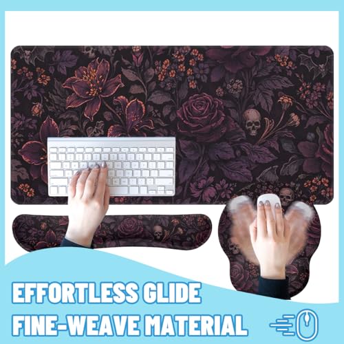Dark Floral Desk Mat Set Gothic Skull Rose Large Mouse Pad with Wrist Rest 4in1 Desk Mat for Desktop Ergonomic Computer Desk Arm Wrist Anti-Slip Computer Ergonomic Mouse Pad Home Office Gaming - color: Dark Floral