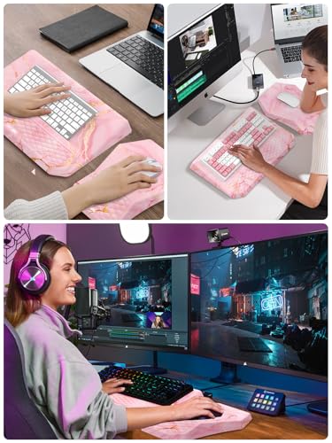 3-in-1 Ergonomic Keyboard Stand with Wrist Rest & Mouse Pad Set, Comfy Keyboard Riser Holder Soft Mousepad with Massage Design, Memory Foam and Non-Slip PU Base for Pain Relief, Pink Marble - color: Pink Marble
