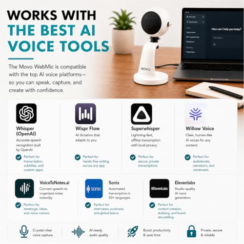 Movo WebMic USB Dictation Microphone in White – Cardioid for Vibe Coding | Cardioid Pickup Rejects Background Noise For Accurate Dictation. Gain Knob, Headphone Out, Mute. Desktop Stand, No Drivers. - color: Pearl White